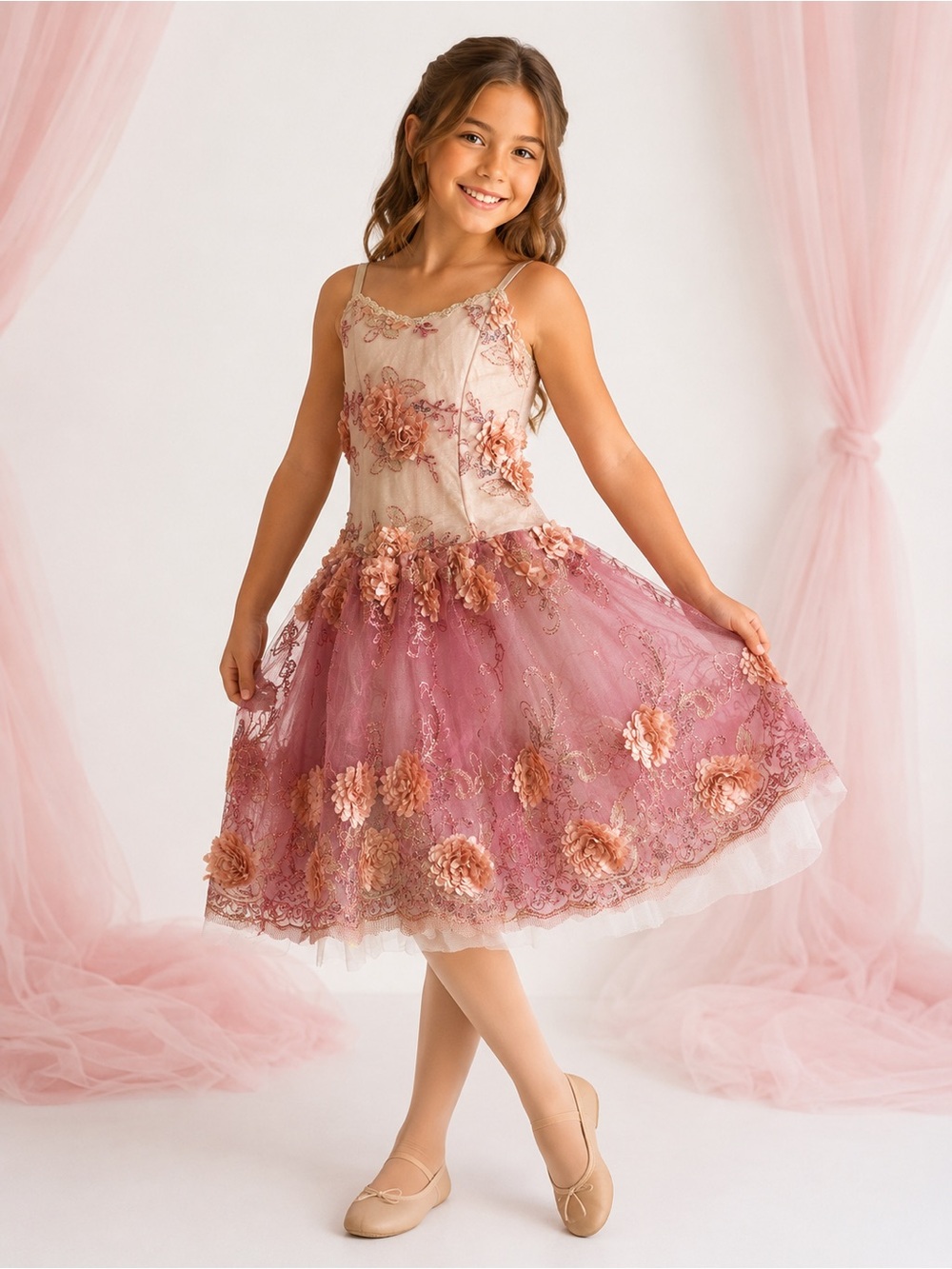 Girls Floral Embroidered Tulle Recital Dress - Pink Champagne Size 10-12